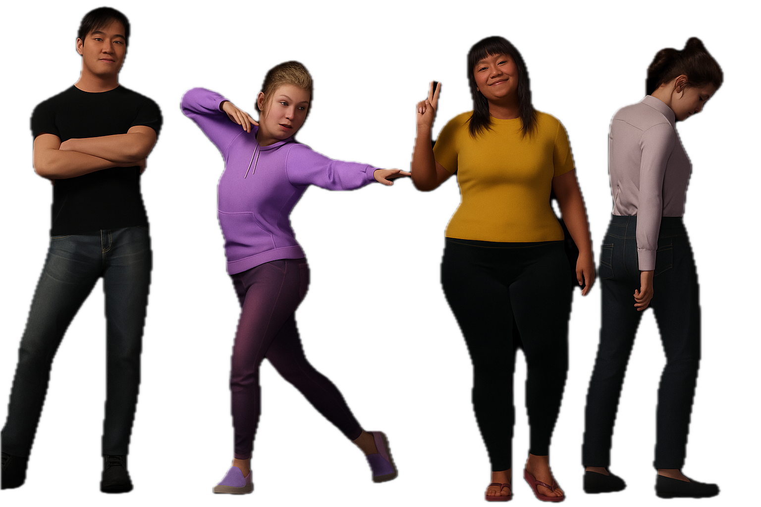 Four MetaHuman characters striking different poses